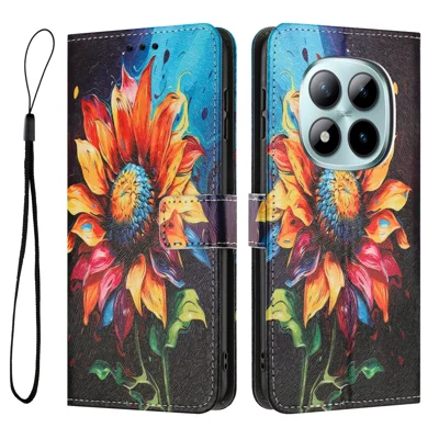 Für Xiaomi Redmi Note 15 Pro 5G (Global) Mappenhülle mit Musterdruck aus PU-Leder mit Lanyard - Sonnenblume