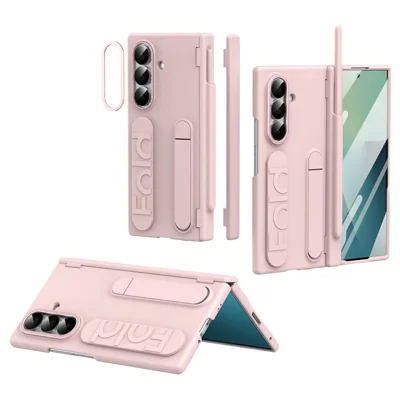 For Samsung Galaxy Z Fold7 5G Case Kickstand Dual Hinge PC Phone Cover with Tempered Glass Film / Stylus - Pink