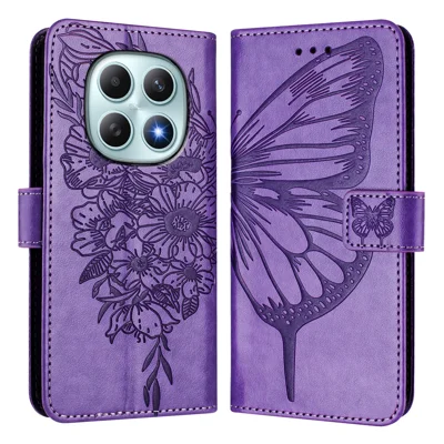 Portemonnee hoesje met polsbandje voor Xiaomi Redmi Note 15 4G (Global) / Xiaomi Poco M8 5G / Xiaomi Redmi Note 15 5G (Global), met vlinderprint in lederen uitvoering - Paars