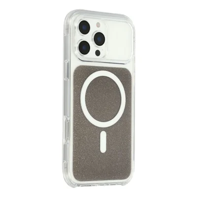 Coque pour iPhone 16 Pro Max compatible avec MagSafe, coque transparente avec paillettes, antichoc, en TPU et acrylique - Noir