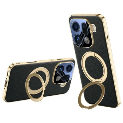 For Oppo Find X9 Pro 5G Case Magnetic Rotating Kickstand Leather + PC + Acrylic Phone Cover with Tempered Glass Rear Screen Film - Black