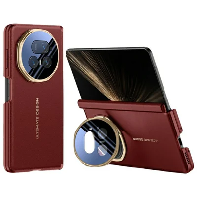 Voor Honor Magic V5 5G Magnetische Hoesje Huidgevoelige TPU PU Leren PC Telefoon Achterklep met Vouwbare Lensstandaard - Rood