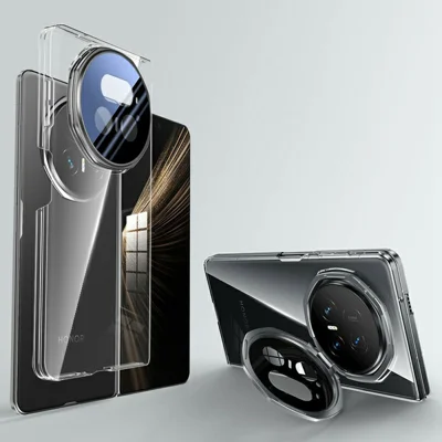 Voor Honor Magic V5 5G Transparante Hoesje PC Telefoonhoes met Metalen Gehard Glas Lensbeschermer en Steun - Zwart