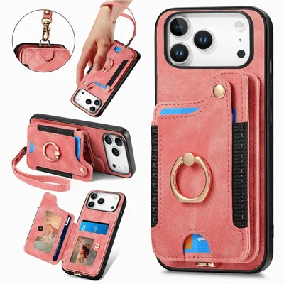 Für iPhone 17 Pro Max Retro PU-Lederhülle mit RFID-Schutz, Kartenhalter / Ringhalter - Rosa