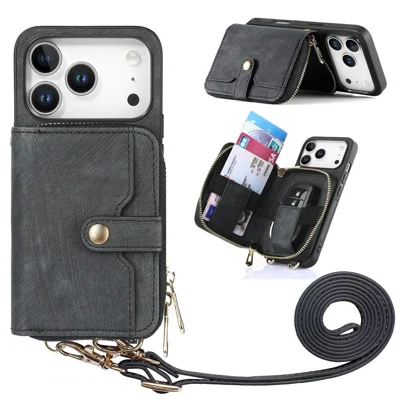 Pour iPhone 17 Pro Max Coque Arrière en Cuir PU avec Porte-cartes à Fermeture Éclair et Sangle Longue - Noir
