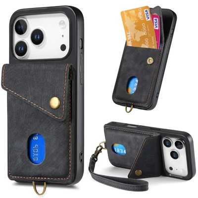 For iPhone 17 Pro Max Case with Card Holder Kickstand Leather Phone Back Cover - Black
