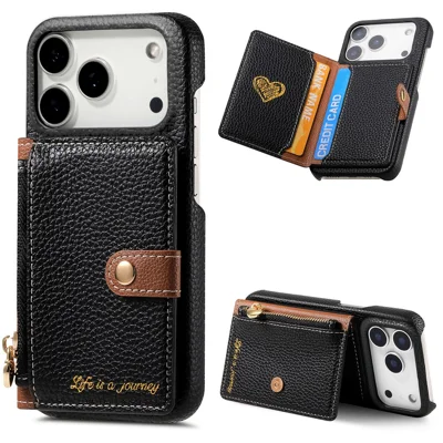 For iPhone 17 Pro Max Case with Zipper Card Holder Kickstand Litchi Grain Leather Back Cover - Black