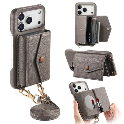 Voor iPhone 17 Pro Max hoesje met kaarthouder en standaard PU leer + PC telefoonhoesje met spiegel en crossbody lus - Grijs