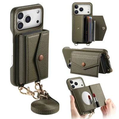 For iPhone 17 Pro Case Card Holder Kickstand PU Leather + PC Phone Cover with Mirror and Crossbody Lanyard - Midnight Green