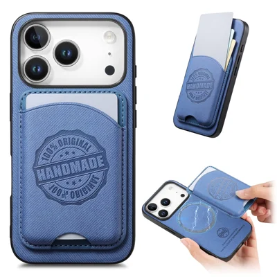 Für iPhone 17 Pro Hülle, Twill-Struktur-Leder-PC-TPU-Handyhülle mit abnehmbarem magnetischem Kartenhalter – Blau