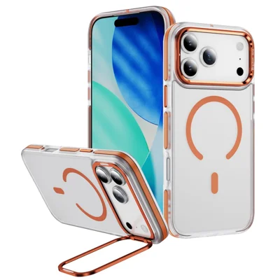 Coque pour iPhone 17 Pro compatible MagSafe avec cadre métallique pour objectif, support intégré, toucher doux, housse en acrylique TPU - Orange