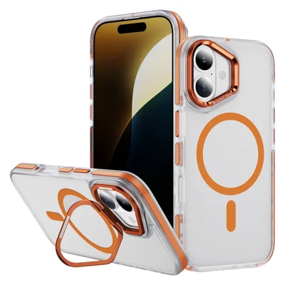 Til iPhone 17 Case Kompatibel med MagSafe Metal Linse Ramme Stand Skin Touch Akryl TPU Telefondæk - Orange