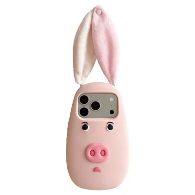 For iPhone 17 Pro Max Silikone Case Sjovt 3D Tegnefilm Griseansigt Pluderstof Ører Stødfast Telefon Bagdæksel - Pink