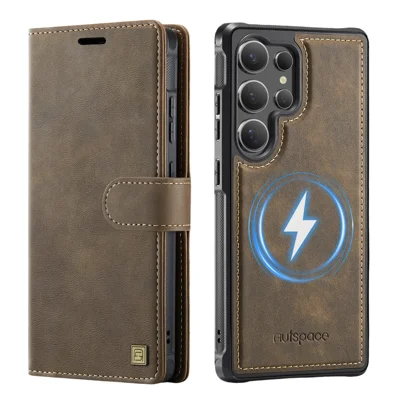 AUTSPACE A05 For Samsung Galaxy S24 Ultra Case Wallet Stand Detachable Leather Magnetic Phone Cover - Coffee