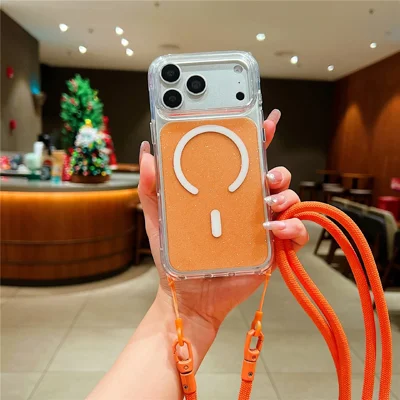 Coque pour iPhone 17 Pro compatible MagSafe, coque transparente avec paillettes, en TPU et acrylique, avec dragonne amovible - Orange