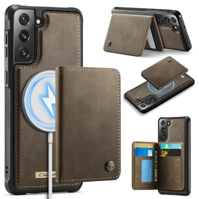 Voor Samsung Galaxy S21 FE 5G Magnetische Case CASEME ME80 Serie Leren PC TPU Telefoonhoes met Uitneembare Portemonnee - Koffie