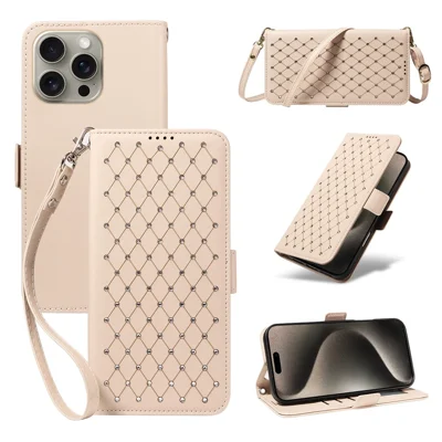 Leren hoesje voor iPhone 15 Pro Max met strassdecor, ruitpatroon, portemonnee, standaard, oprolhoes met riemen - Apricot