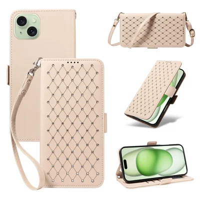 For iPhone 15 Plus Leather Case Rhinestone Decor Rhombus Pattern Wallet Stand Flip Phone Cover with Straps - Apricot