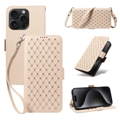 For iPhone 15 Pro Leather Case Rhinestone Decor Rhombus Pattern Wallet Stand Flip Phone Cover with Straps - Apricot