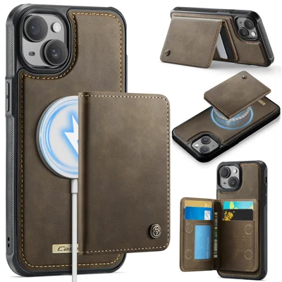 CASEME For iPhone 14 Magnetic Case  ME80 Series Leather PC TPU Phone Cover with Detachable Wallet - Coffee