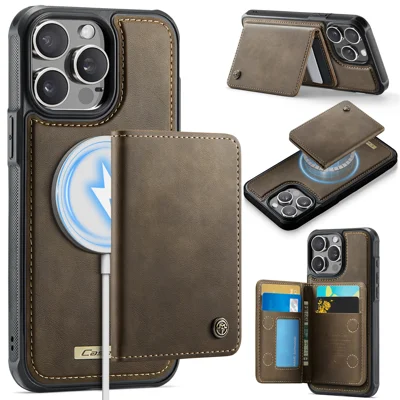 Coque magnétique pour iPhone 14 Pro Max, série ME80 de CASEME, housse en cuir, PC et TPU avec portefeuille amovible - Café