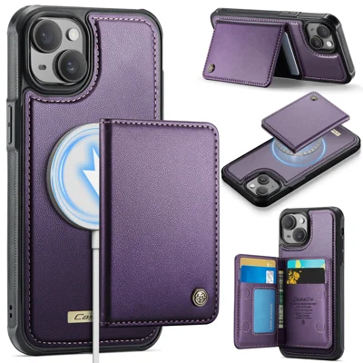 CASEME For iPhone 15 Magnetic Case  ME80 Series Leather PC TPU Phone Cover with Detachable Wallet - Purple