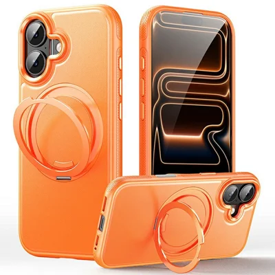 Funda para iPhone 16 compatible con MagSafe, con soporte giratorio, cubierta de teléfono con textura de piel de lichi, PC y TPU - Naranja