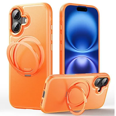 For iPhone 16 Plus Case Compatible with MagSafe Rotating Kickstand Litchi Texture PC TPU Phone Cover - Orange