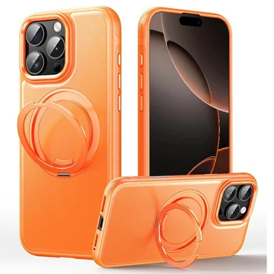 Coque pour iPhone 16 Pro Max compatible avec MagSafe, support pivotant, texture cuir de litchi, housse en PC TPU - Orange