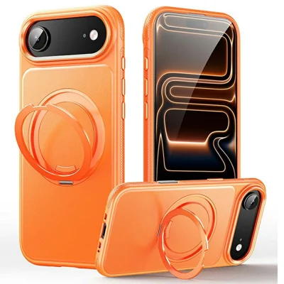 Capa para iPhone Air Compatível com MagSafe, Suporte Giratório, Capa para Telemóvel com Textura de Pele de Lichia, PC e TPU - Laranja