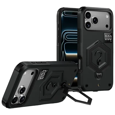 For iPhone 17 Pro Case Hexagonal Kickstand Shockproof TPU PC Matte Phone Cover with Integrated Scale Hook - Black