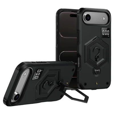For iPhone Air Case Hexagonal Kickstand Shockproof TPU PC Matte Phone Cover with Integrated Scale Hook - Black