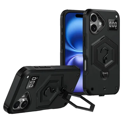 For iPhone 16 Case Hexagonal Kickstand Shockproof TPU PC Matte Phone Cover with Integrated Scale Hook - Black