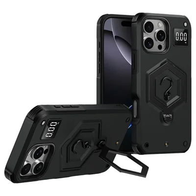 For iPhone 16 Pro Case Hexagonal Kickstand Shockproof TPU PC Matte Phone Cover with Integrated Scale Hook - Black