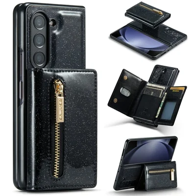 DG.MING M3 Series For Samsung Galaxy Z Fold5 5G Magnetic Case Glittery Kickstand Cover with Detachable Wallet - Black