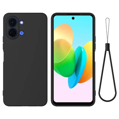 For TECNO Spark Go 3 Liquid Silicone Case Phone Back Cover with Hand Strap - Black