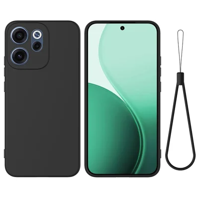 For Oppo Reno15 FS 5G / Oppo Reno15 F 5G Liquid Silicone Case Phone Back Cover with Hand Strap - Black