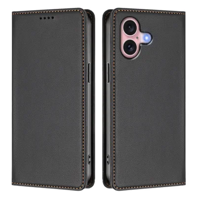 For iPhone 16 Leather Wallet Case Magnetic Closure RFID Blocking Phone Cover - Black