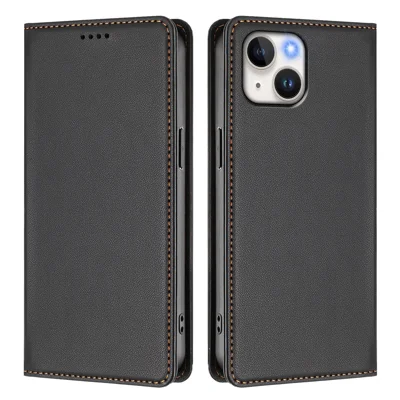 For iPhone 15 Leather Wallet Case Magnetic Closure RFID Blocking Phone Cover - Black