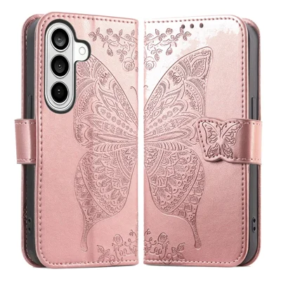 For Samsung Galaxy S26 Case with Strap Butterfly Pattern PU Leather Wallet Phone Cover - Rose Gold