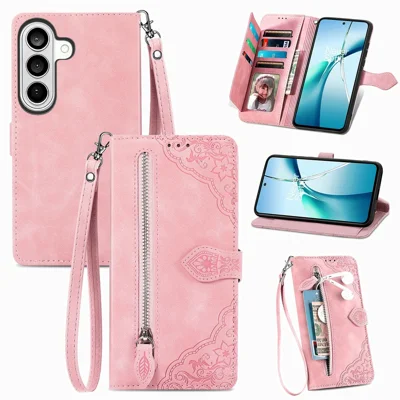 Für Samsung Galaxy S26 Reißverschluss-Mappenhülle mit Band, Blumenprägung, PU-Leder-Handyhülle - Rosa