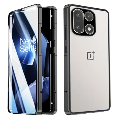 Coque pour OnePlus 15 5G, double face en verre trempé, cadre métallique avec protection d'objectif - Noir