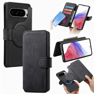 CASENEO MW-03 Magnetic Case For Google Pixel 10  /  10 Pro Detachable Leather Phone Wallet Cover - Black