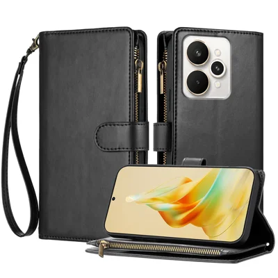 For Realme 15 5G / Realme 15 Pro 5G Leather Case Zipper Wallet Stand Shockproof Phone Cover with Wrist Strap - Black