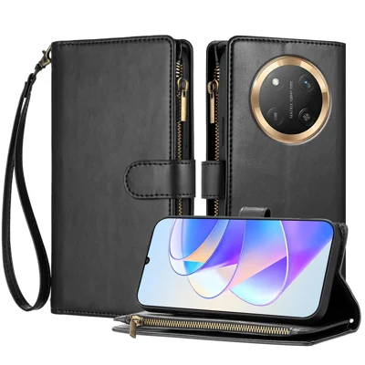 For Honor Magic7 Lite 5G / Honor X9c 5G Leather Case Zipper Wallet Stand Shockproof Phone Cover with Wrist Strap - Black