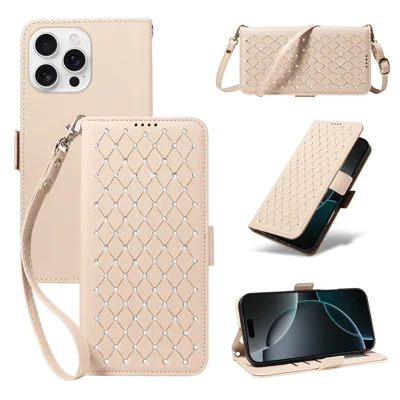 For iPhone 16 Pro Leather Case Rhinestone Decor Rhombus Pattern Wallet Stand Flip Phone Cover with Straps - Apricot