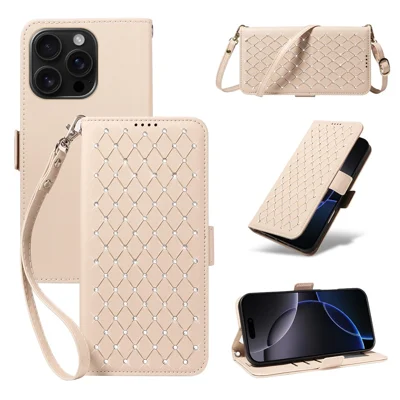 For iPhone 16 Pro Max Leather Case Rhinestone Decor Rhombus Pattern Wallet Stand Flip Phone Cover with Straps - Apricot