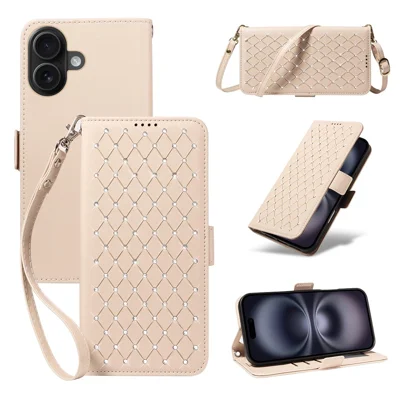 For iPhone 16 Plus Leather Case Rhinestone Decor Rhombus Pattern Wallet Stand Flip Phone Cover with Straps - Apricot