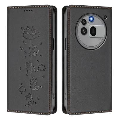 For Nothing Phone (3a) Pro Case RFID Blocking Wallet Stand Imprinted Cat Pattern Leather Phone Cover - Black