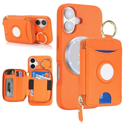 Für iPhone 17 Hülle aus PU-Leder beschichteter TPU-Handy-Schutz mit magnetisch abnehmbarem Portemonnaie für AirTag - Orange